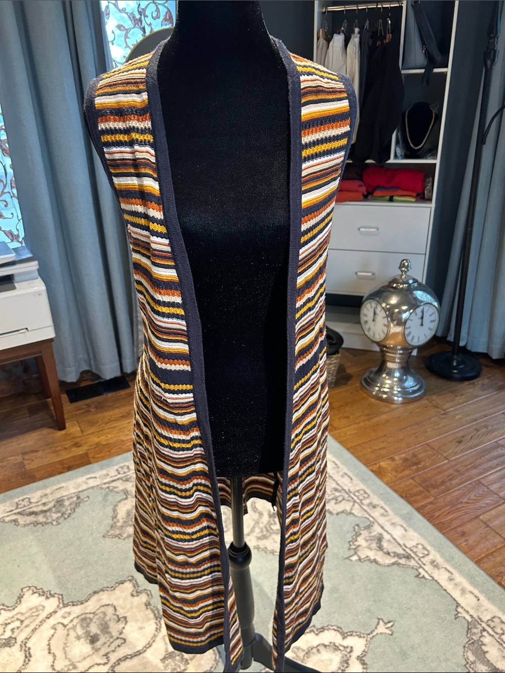 Striped Sleeveless Knit Long Vest in Navy, Mustard & Brown